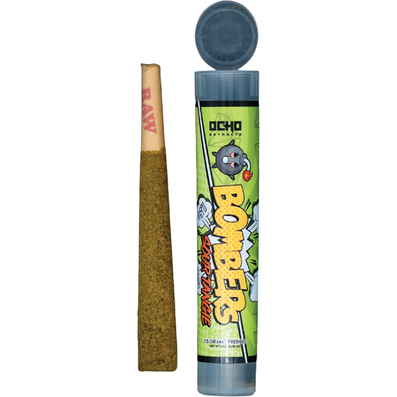 Sour Tangie (Sativa): Ocho Extracts Bombers Caviar Pre-Roll, Sour Tangie Sativa strain, delivering an uplifting, energizing smoke wrapped in THCA diamonds and CBG kief with Delta-8 and CBD infusion.