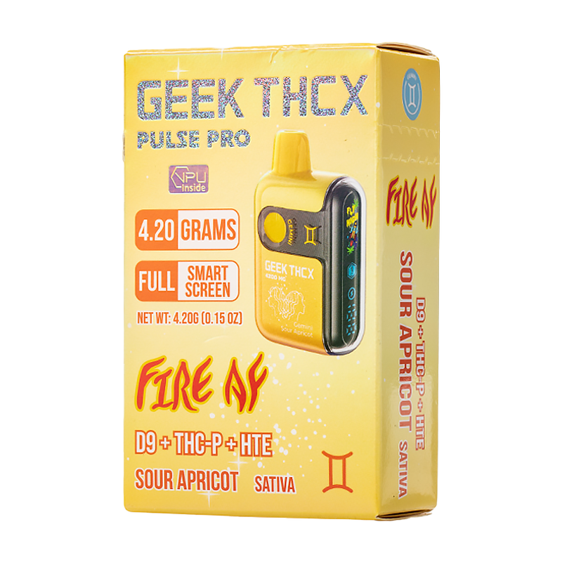 Sour Apricot (Gemini) Geek THCX Pulse Pro Fire AF – Sativa – Tangy apricot-flavored Sativa vape offering smooth, energizing effects with THCP infusion.