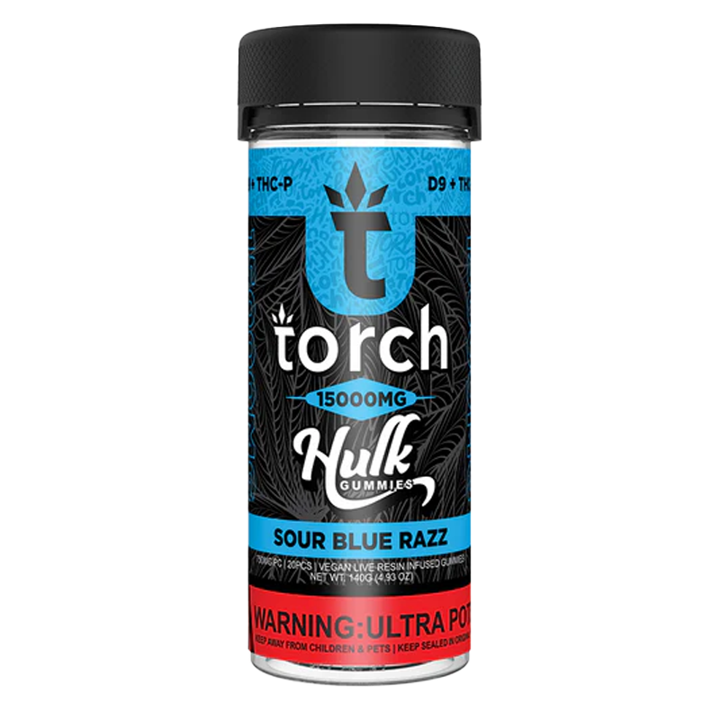 Sour Blue Razz Torch Hulk Gummies – Tart and fruity blue razz gummies infused with 750mg Delta-9 & THC-P per piece.