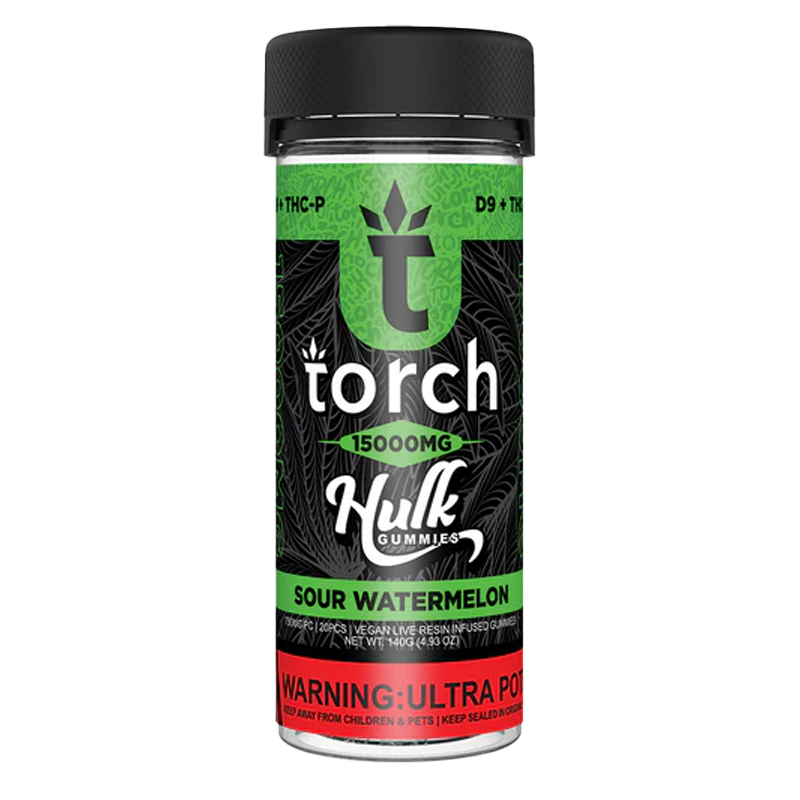 Sour Watermelon Torch Hulk Gummies – A tangy twist on watermelon flavor with 750mg of Delta-9 & THC-P in every gummy.