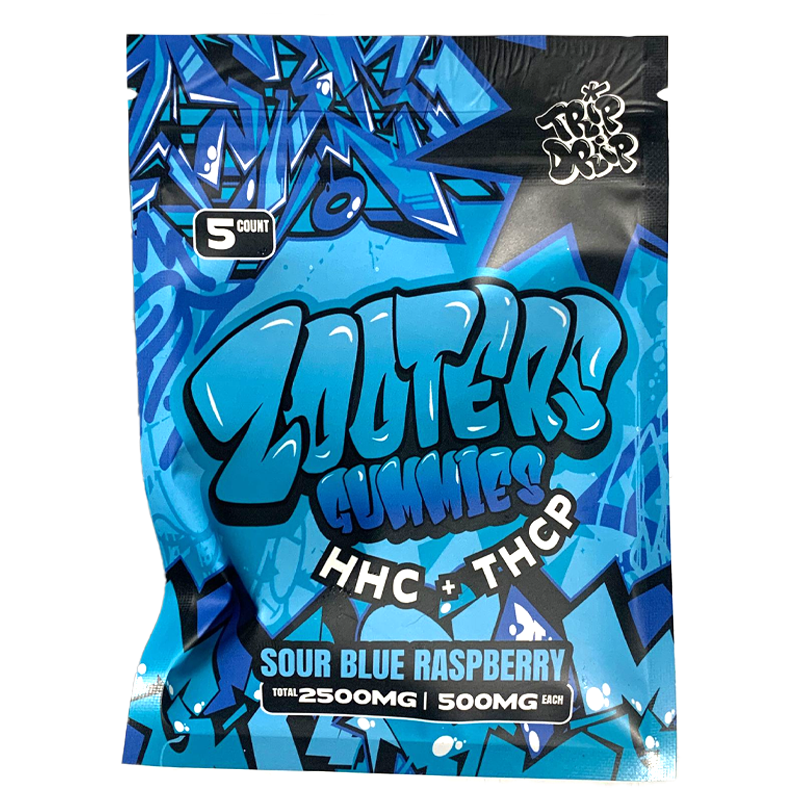 Trip Drip Zooters Sour Blue Raspberry Gummies - 500mg each, packed with bold, tart blue raspberry flavor and a potent HHC + THCP blend.
