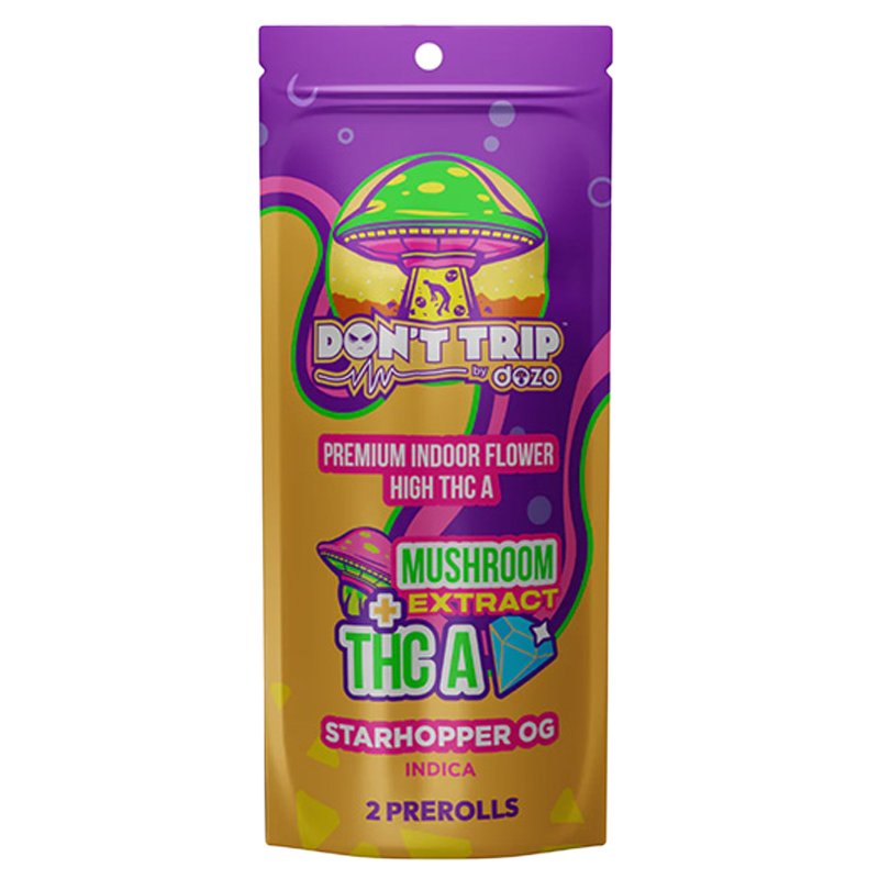 Starhopper OG (Indica): Dozo Don’t Trip Starhopper OG Pre-roll - 1.5g of THCA flower and mushroom extract for a relaxing, deep, and mind-altering experience with every smoke.