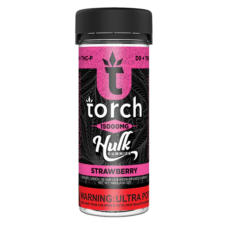 Strawberry Torch Hulk Gummies – Classic strawberry flavor packed with 750mg of Delta-9 & THC-P for a delicious edible experience.