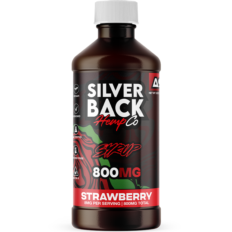 Strawberry: A bottle of Silverback Hemp Co. Delta-9 Syrup in Strawberry flavor, featuring sweet, juicy berry notes for a delightful experience.