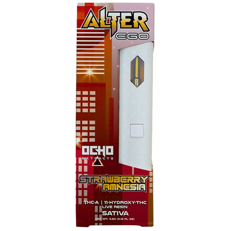 Strawberry Amnesia: Ocho Extracts Alter Ego Disposable with Strawberry Amnesia (Sativa), offering a refreshing, energizing experience with fruity, sweet notes.