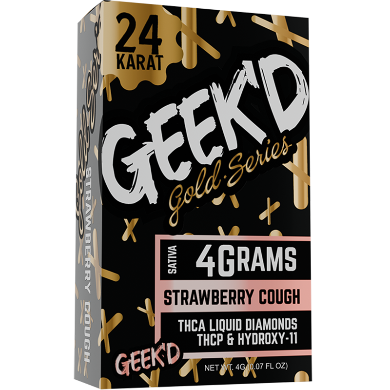 Strawberry Cough (Sativa): Geek'd 24K Gold Series Strawberry Cough vape pen, featuring sweet strawberry flavor and uplifting sativa effects for energy and creativity.