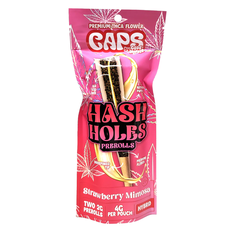 Strawberry Mimosa CAPS THCA Hash Hole Pre-Roll – Hybrid – A refreshing strawberry-citrus Hybrid strain with a hash batter center for smooth, potent effects.