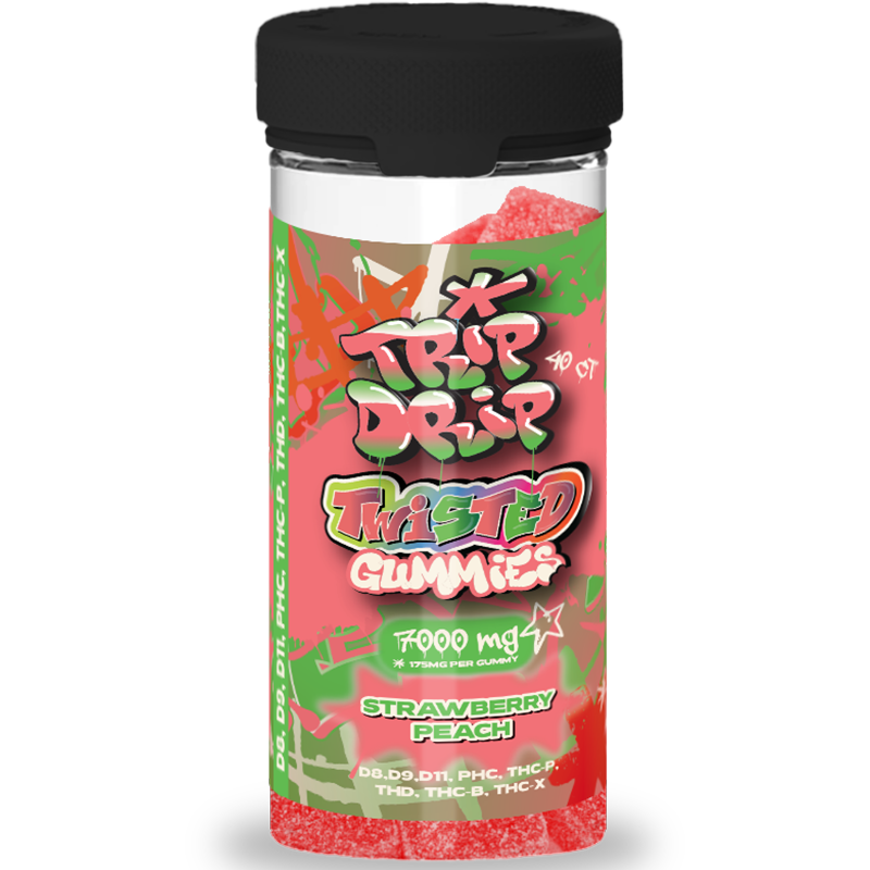 Strawberry Peach: A jar of Trip Drip Twisted Gummies featuring a Strawberry Peach mix, blending sweet, juicy strawberry and tropical peach flavors with 175mg of cannabinoids per gummy.
