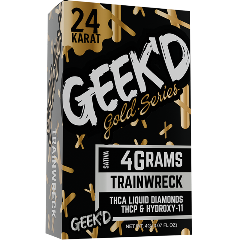 Trainwreck (Sativa): Geek'd 24K Gold Series Trainwreck vape pen, delivering a spicy citrus aroma and energizing effects for an elevated, euphoric experience.