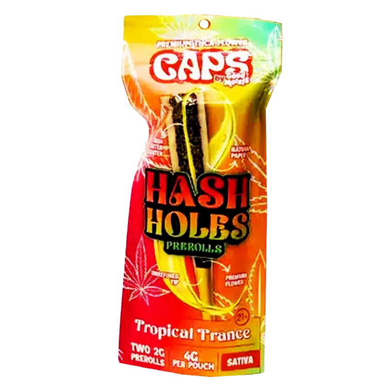Tropical Trance CAPS THCA Hash Hole Pre-Roll – Sativa – A tropical-inspired Sativa strain infused with high-potency THCA for a balanced high.