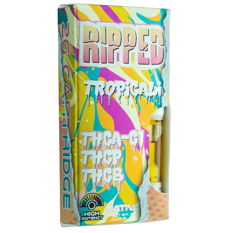 Tropicali: Ocho Extracts RIPPED 2G Cart, Tropicali strain, offering a burst of tropical flavors and potent cannabinoids like THCA-C1, THC-P, and THC-8 for an uplifting vape.