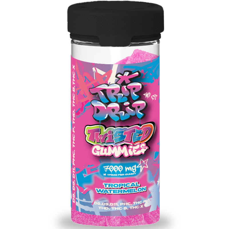 Tropical Watermelon: A jar of Trip Drip Twisted Gummies in Tropical Watermelon, providing refreshing, juicy watermelon flavor and a potent cannabinoid effect.