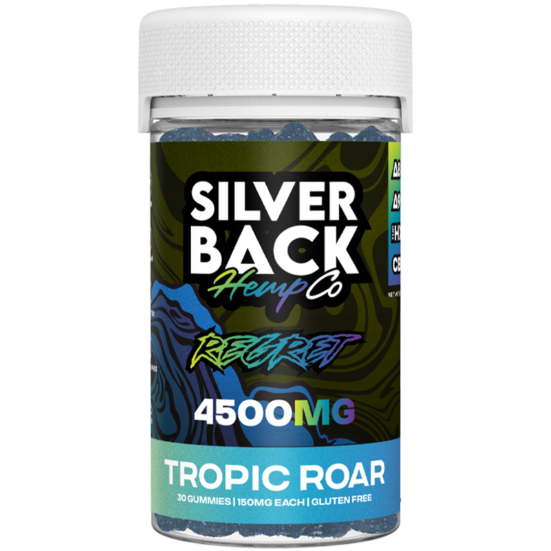 Tropic Roar (Blue Razz Pineapple): A jar of Silverback Hemp Co. REGRET Gummies in Tropic Roar flavor, delivering a sweet and tropical fusion of blue raspberry and pineapple with powerful cannabinoids.