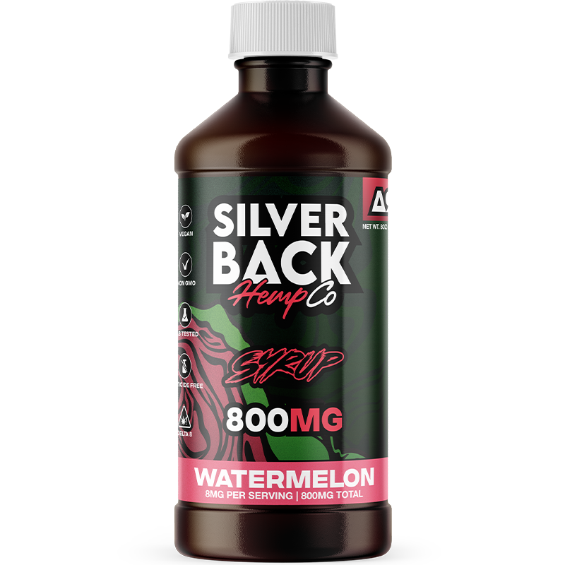 Watermelon: A bottle of Silverback Hemp Co. Delta-9 Syrup in Watermelon flavor, blending juicy, hydrating sweetness with potent relaxation.