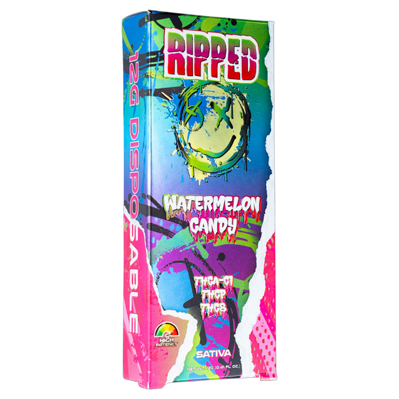 Watermelon Candy: Ocho Extracts RIPPED Disposable 12G, Watermelon Candy strain, providing a fruity, smooth vaping experience with THCA-C1, THC-P, and THC-8 cannabinoids for a refreshing high.