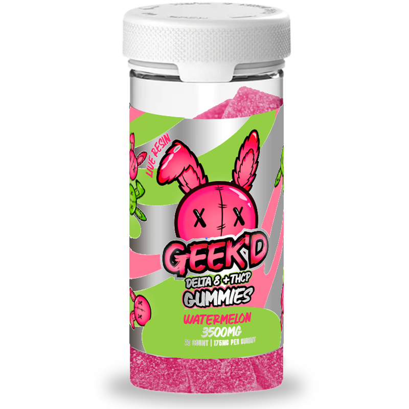 Watermelon: A jar of Geek'd Delta 8 + THCP Gummies in Watermelon flavor, providing a refreshing, fruity taste with a strong blend of Delta-8 and THC-P.