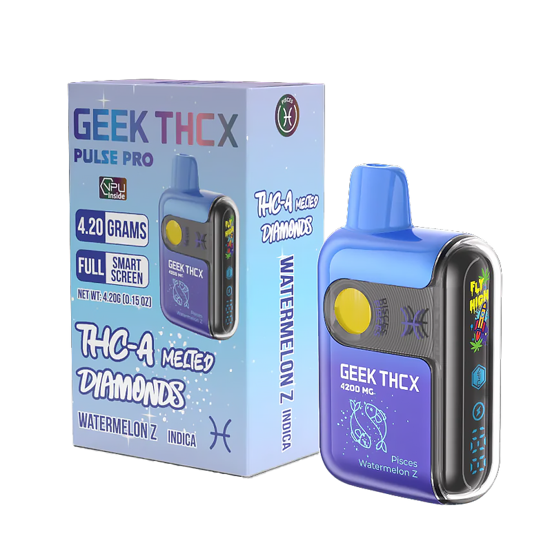 Watermelon Z (Pisces) Geek THCX Pulse Pro – Indica – Juicy watermelon-flavored Indica vape infused with 4.2g of high-potency THCA Melted Diamonds.