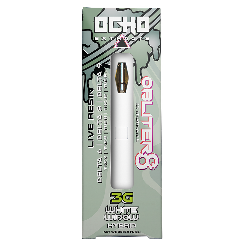 White Widow: Ocho Extracts Obliter8 3G Disposable, White Widow strain, offering a smooth, earthy flavor with Delta-6, Delta-8, THC-P, and THC-X cannabinoids for relaxation.
