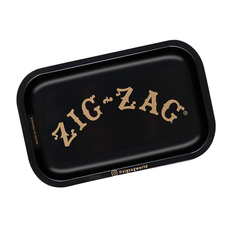 Metal Rolling Tray in Raw, Zig Zag (Black) and Zig Zag (Slow Burning) designs, featuring raised edges and durable metal surface for easy herb rolling.