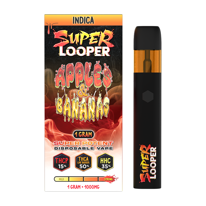 Apples & Bananas Looper Super Looper Disposable – Indica – A fruity Indica strain featuring bold apple & banana flavors with deep relaxation effects.