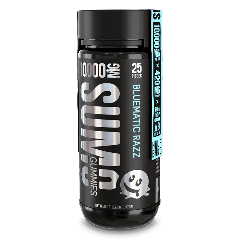 Bluematic Razz Half Bak’d Sumo Gummies 10,000mg – A bold blue raspberry flavor delivering a smooth, euphoric high with 420mg of active ingredients.