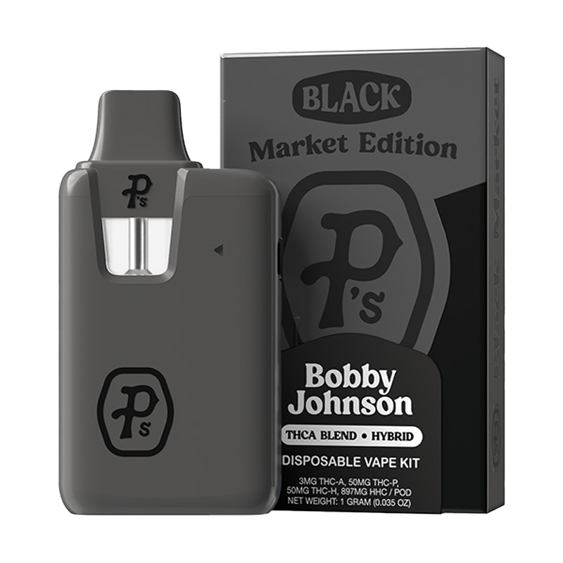 Bobby Johnson (Hybrid, THC-A, THC-P, THC-H, HHC): "Pushin P’s Black Market Edition Disposable Vape Kit – Bobby Johnson hybrid blend featuring THC-A, THC-P, THC-H, and HHC for a potent and complex effect."