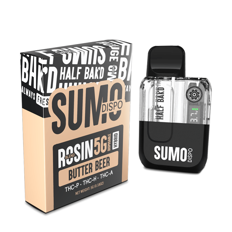 Butter Beer Half Bak’d Sumo Rosin Blend Disposable – Hybrid strain with a rich, creamy flavor profile and a balanced, euphoric high.