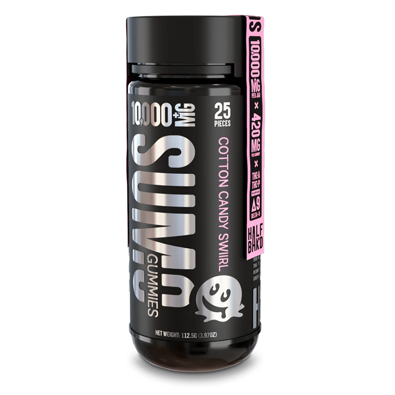 Cotton Candy Swirl Half Bak’d Sumo Gummies 10,000mg – A nostalgic cotton candy flavor infused with a powerful blend of THCA, THCP & Delta 8.