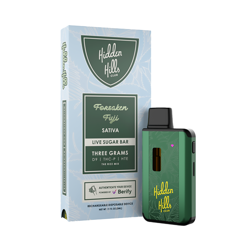 Forsaken Fuji Hidden Hills Rizz Blend Live Sugar Bar – Sativa – A crisp Fuji apple-flavored Sativa strain offering smooth hits & energizing effects.