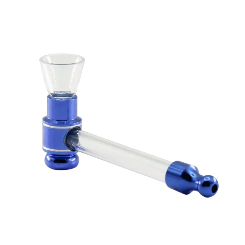 Never Xhale Glass Pipe in red, blue, forest green, and gold. Each pipe features an aluminum base, glass bowl, and silicone rings for an airtight, smooth hit.