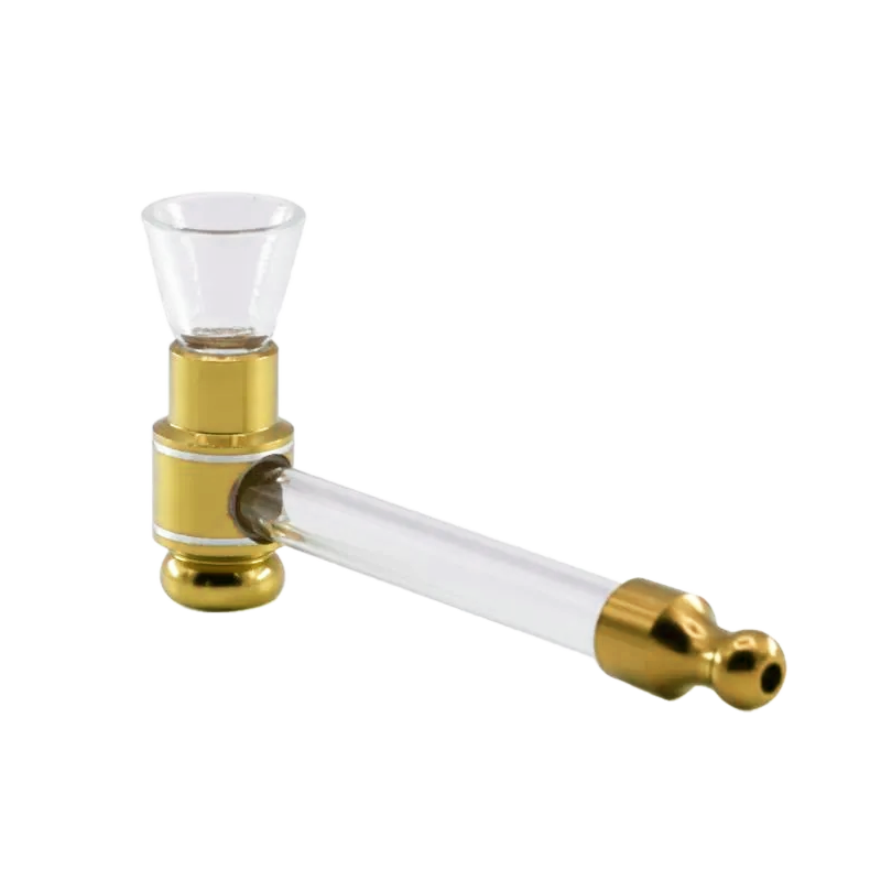 Never Xhale Glass Pipe in red, blue, forest green, and gold. Each pipe features an aluminum base, glass bowl, and silicone rings for an airtight, smooth hit.