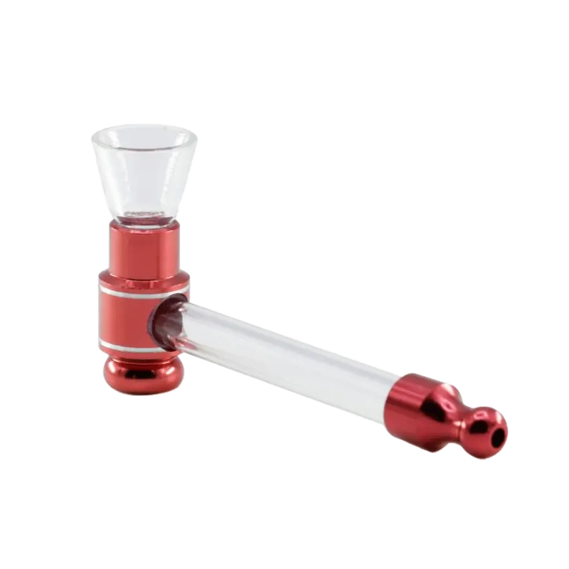 Never Xhale Glass Pipe in red, blue, forest green, and gold. Each pipe features an aluminum base, glass bowl, and silicone rings for an airtight, smooth hit.