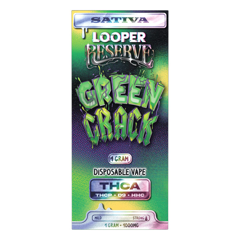 Green Crack Looper Reserve Disposable – Sativa – A bold, citrusy Sativa vape packed with 1G of Delta 9, THCA, THCP & HHC for an energizing experience.