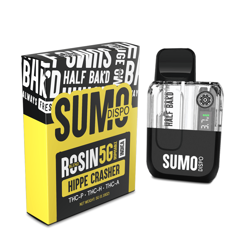 Hippie Crasher Half Bak’d Sumo Rosin Blend Disposable – Indica vape featuring a smooth, relaxing effect with potent, solventless rosin concentrate.