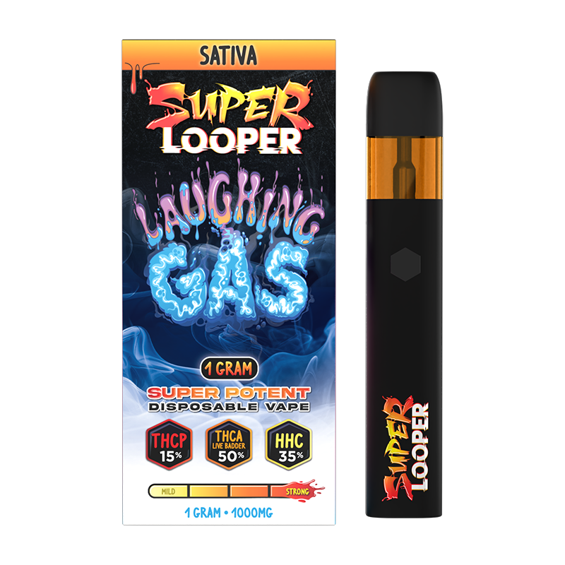 Laughing Gas Looper Super Looper Disposable – Sativa – A citrusy, energizing Sativa strain infused with 1G of THCA, HHC & THCP for a euphoric high.