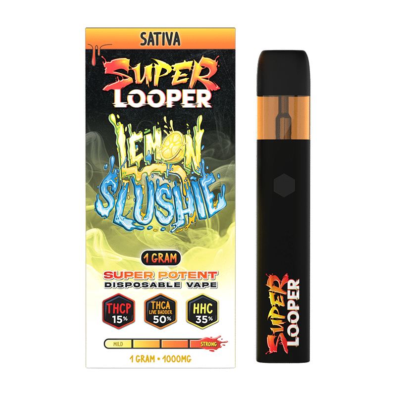 Lemon Slushie Looper Super Looper Disposable – Sativa – A refreshing, lemon-infused Sativa vape crafted for smooth, flavorful hits.