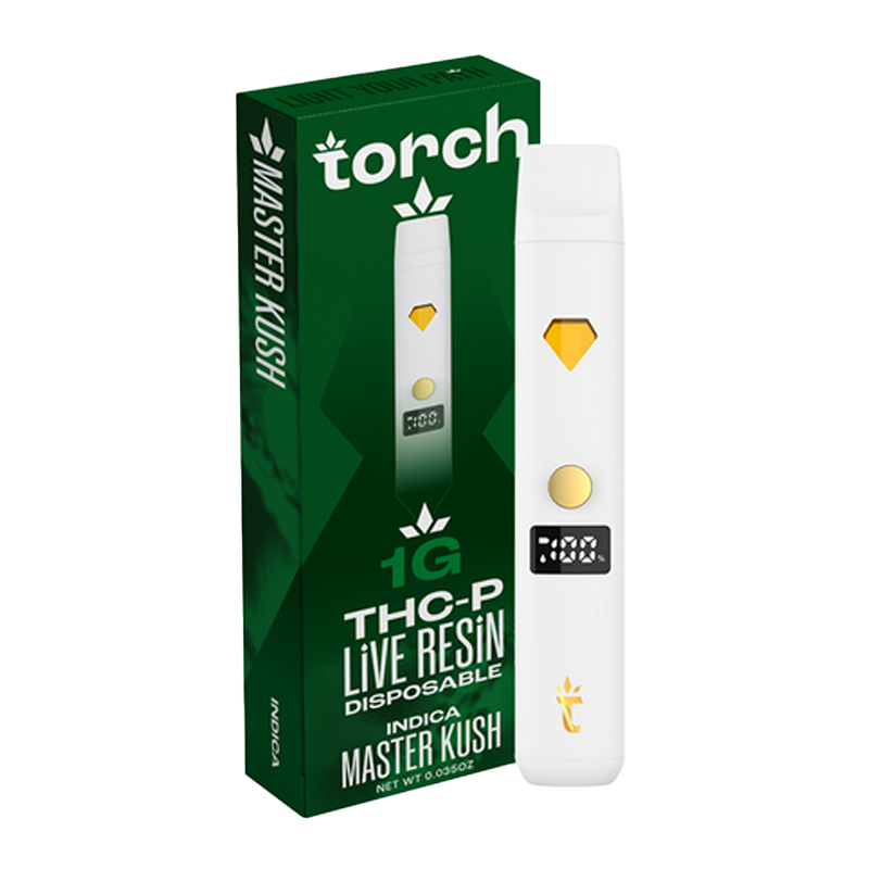 Master Kush THCP Live Resin Disposable – Indica strain delivering deep relaxation and earthy flavors in a 1g THCP disposable.