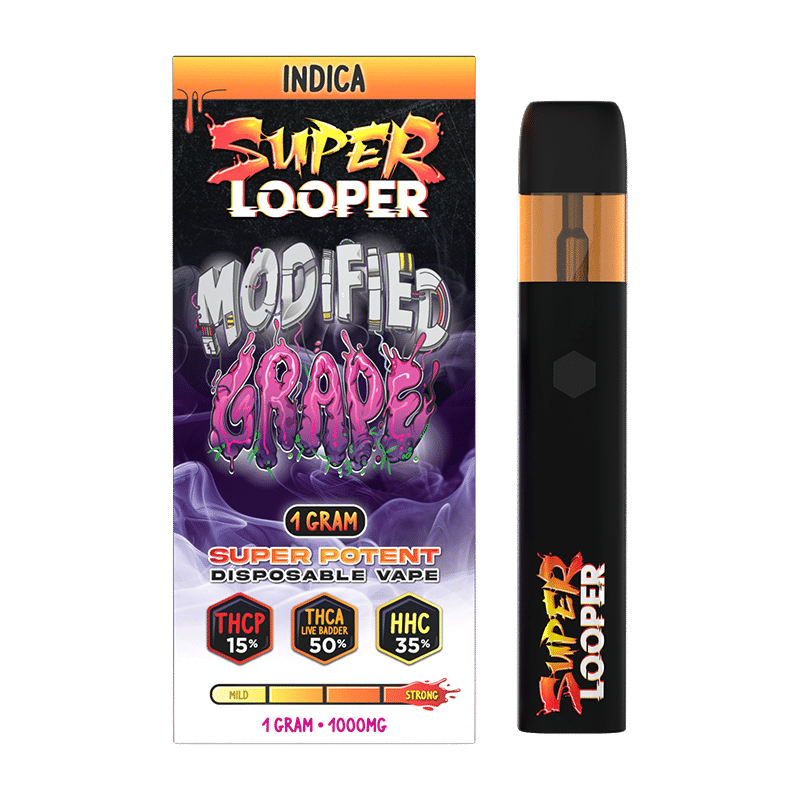 Modified Grape Looper Super Looper Disposable – Indica – A rich, grape-flavored Indica vape infused with THCA Live Badder for a smooth, potent experience.