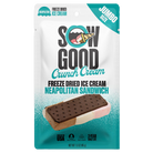 Sow Good Jumbo Neapolitan Ice Cream Sandwich with freeze-dried layers of vanilla, chocolate, and strawberry ice cream, offering a crispy, flavorful indulgence.