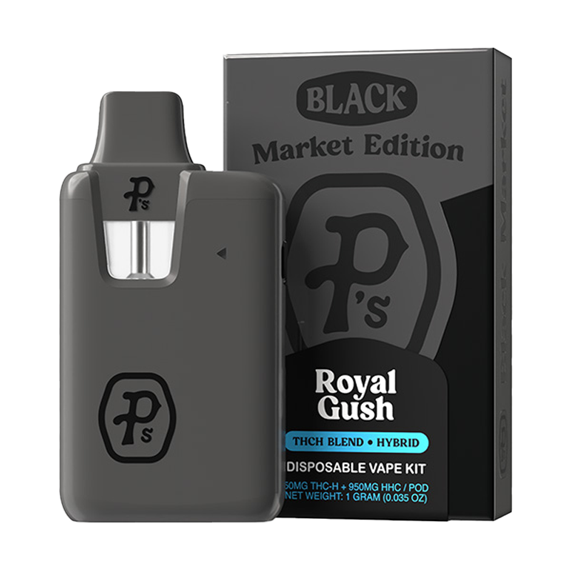 Royal Gush (Hybrid, THC-H + HHC): "Pushin P’s Black Market Edition Disposable Vape Kit – Royal Gush hybrid blend with THC-H and HHC for a full-bodied, relaxing high."