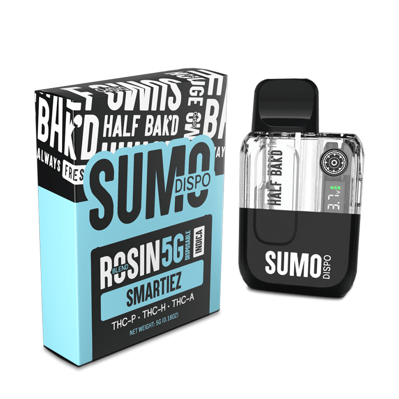 Smartiez Half Bak’d Sumo Rosin Blend Disposable – Indica strain delivering candy-like sweetness with a powerful blend of cannabinoids.