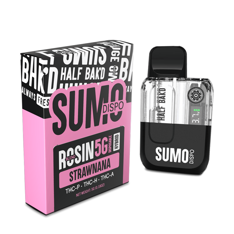 Strawnana Half Bak’d Sumo Rosin Blend Disposable – Hybrid vape blending sweet strawberry and banana flavors with a potent cannabinoid kick.