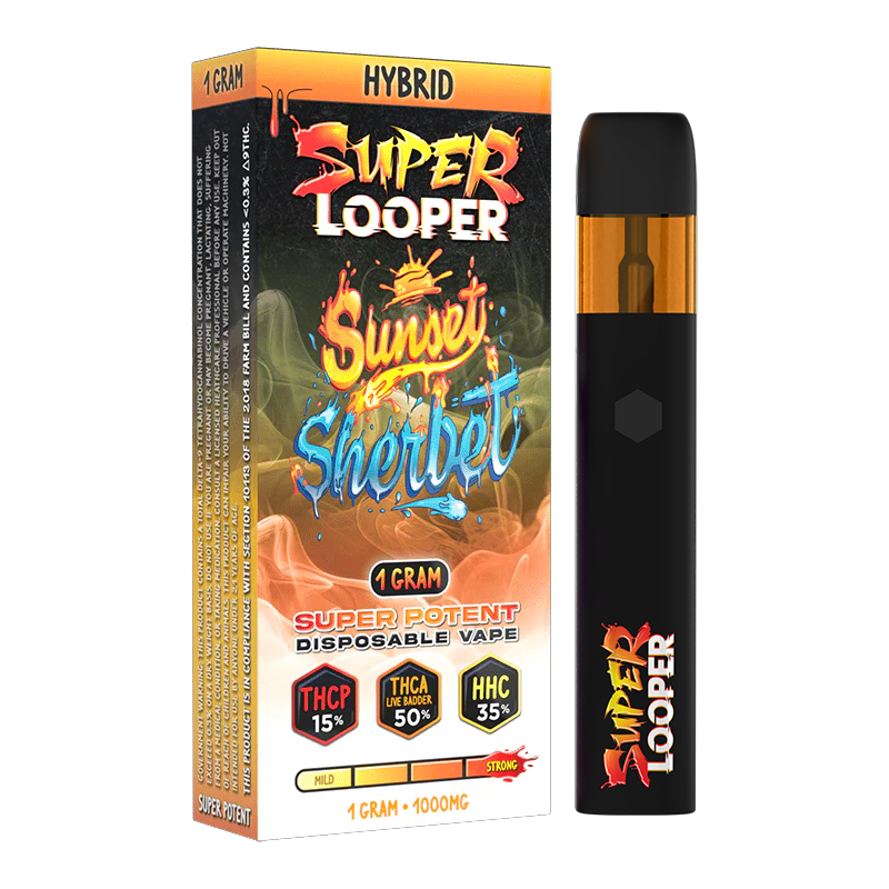 Sunset Sherbet Looper Super Looper Disposable – Hybrid – A creamy, tropical-inspired Hybrid vape offering a euphoric & relaxing experience.