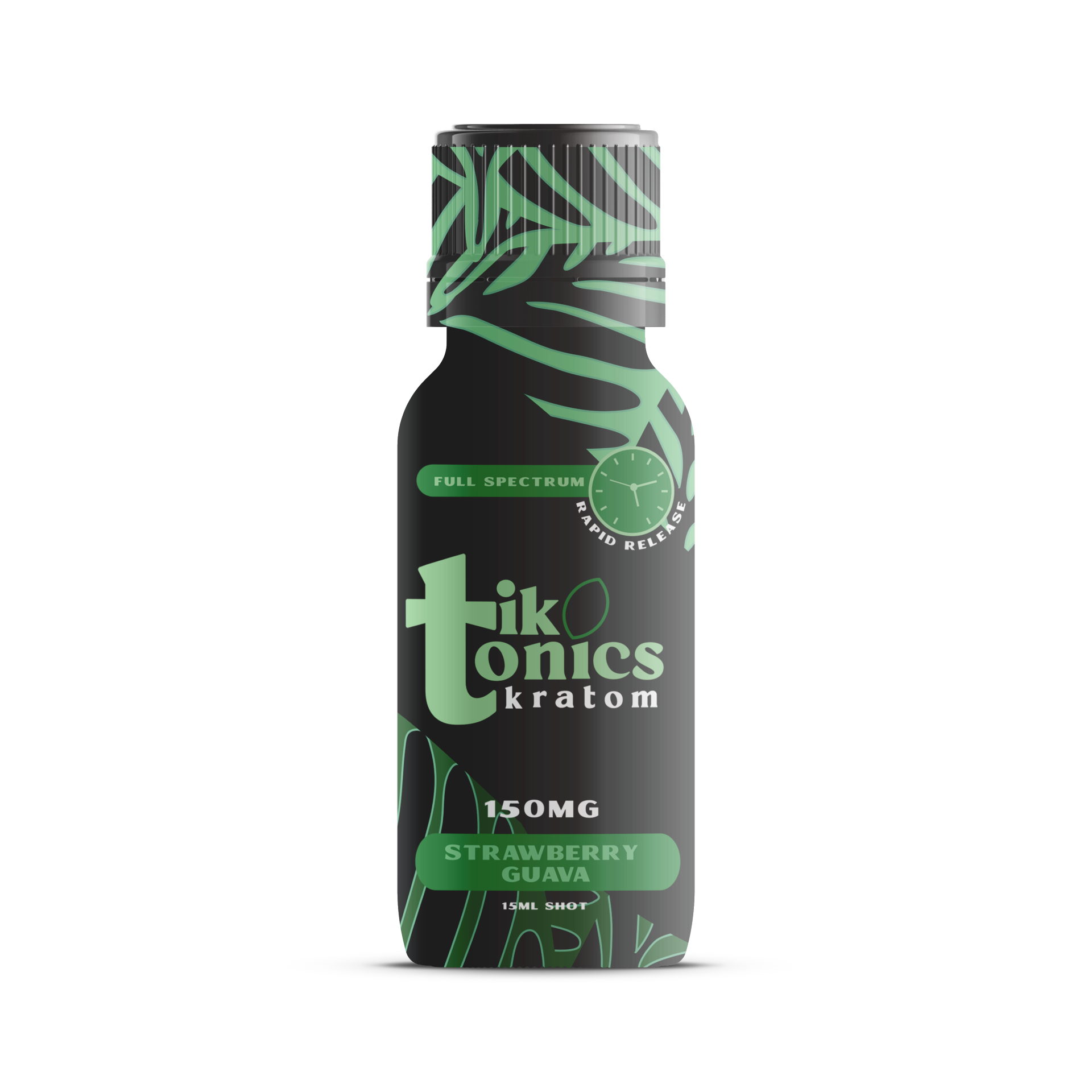 A 15ml bottle of TikTonics Kratom Shot, featuring 150mg of potent Kratom extract in a refreshing strawberry guava flavor for a smooth, fast-acting boost.