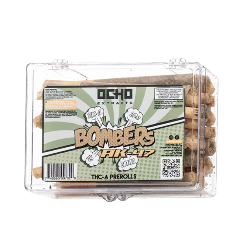 AK-47 (Sativa): Ocho Extracts Bombers THC-A Pre-Roll, AK-47 Sativa strain, delivering a potent and energizing experience with THC-A infused hemp flower for a smooth smoke.