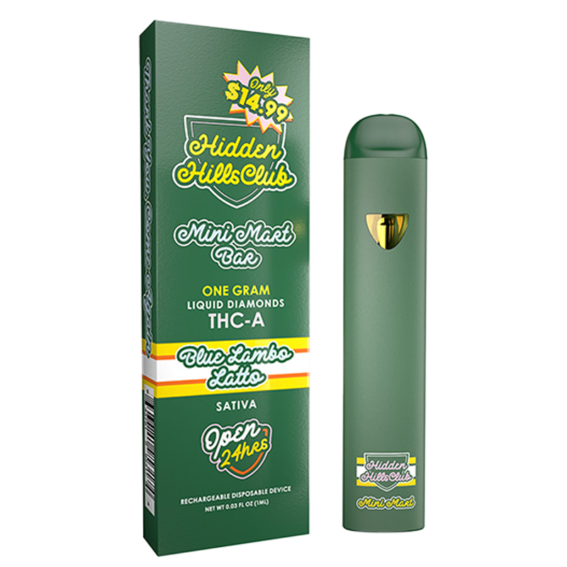 Blue Lambo Latto (Sativa): Hidden Hills Mini Mart Bar, Blue Lambo Latto Sativa strain, delivering an uplifting and energizing high with flavorful Liquid Diamonds THC-A infusion.