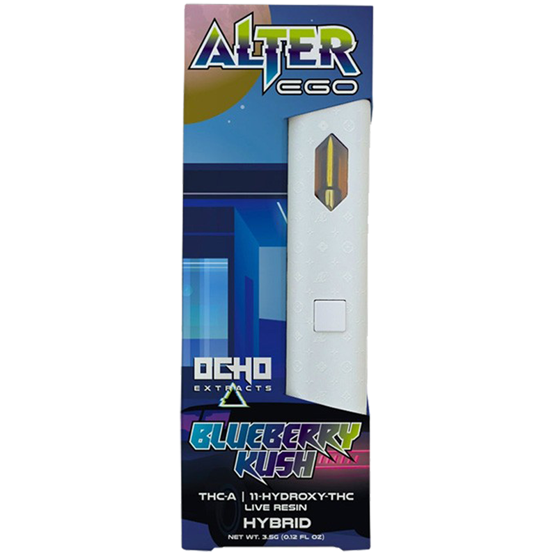 Blueberry Kush: Ocho Extracts Alter Ego Disposable with Blueberry Kush (Hybrid), offering a sweet and relaxing vaping experience with a fruity twist.