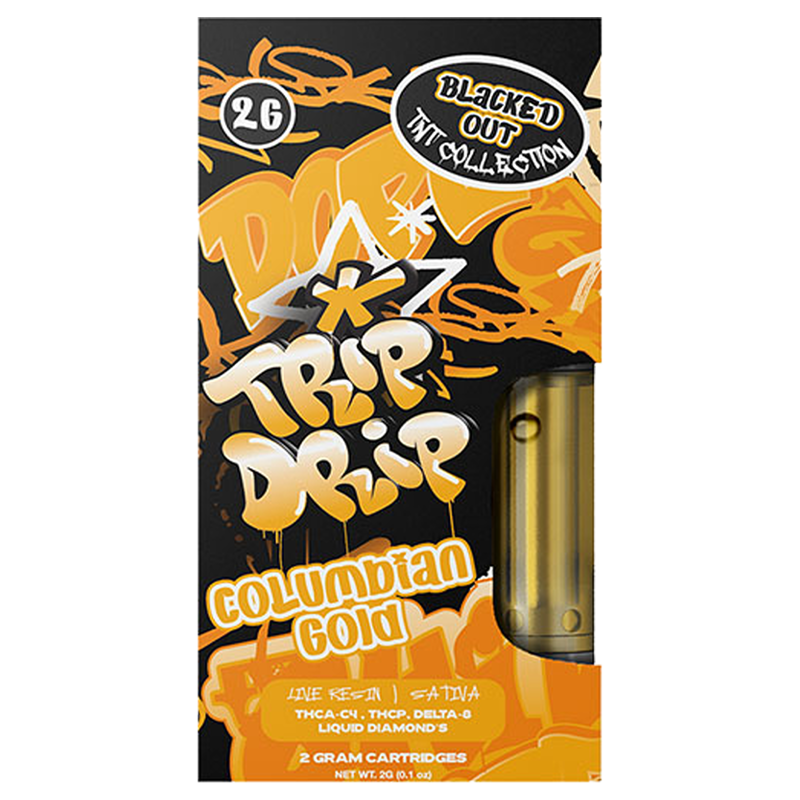 Trip Drip TNT Blacked Out Columbian Gold 2g Cart—classic sativa strain with energizing effects and rich, earthy flavors enhanced by THCA-C4, THC-P & D8