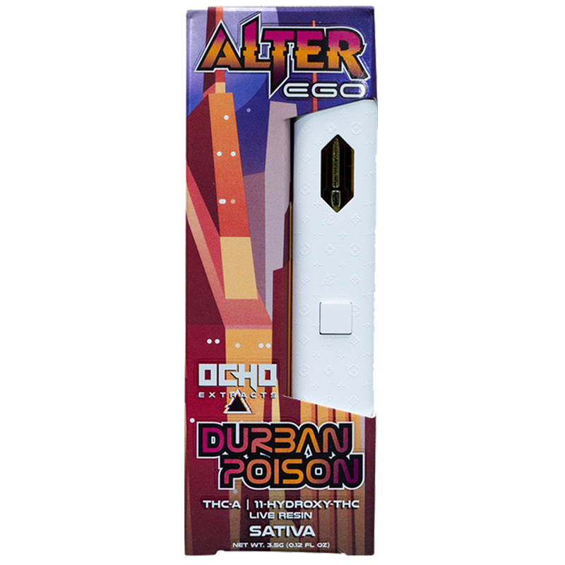 Durban Poison: Ocho Extracts Alter Ego Disposable with Durban Poison (Sativa), delivering an uplifting and invigorating experience perfect for daytime use.