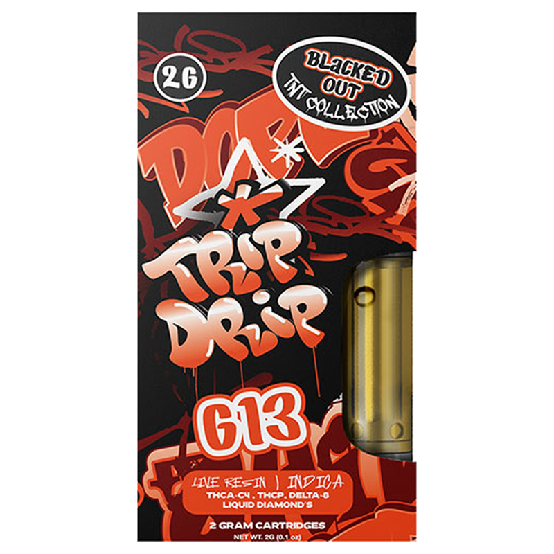 Trip Drip TNT Blacked Out G13 2g Cart—a legendary indica strain delivering deep relaxation with bold, earthy flavors and a powerful THC blend.